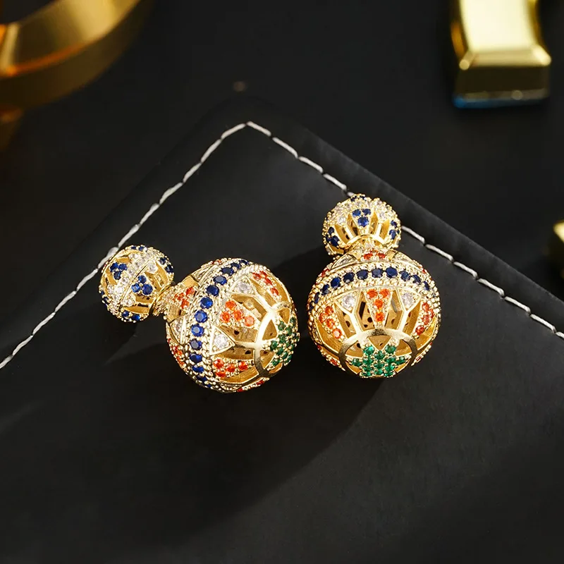 Light luxury double-sided hollow front and rear ball earrings s925 trend temperament color earrings ins trend