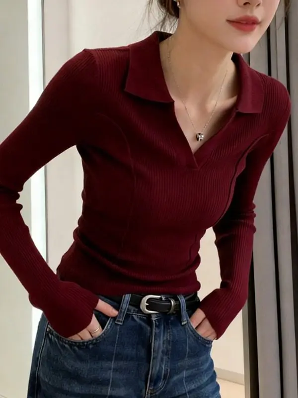 

Red irt Knitted Long Sve Turn-down Collar Base Layer Women's Autumn Winter Sweater Inner Wear High-end Sensation Ma...