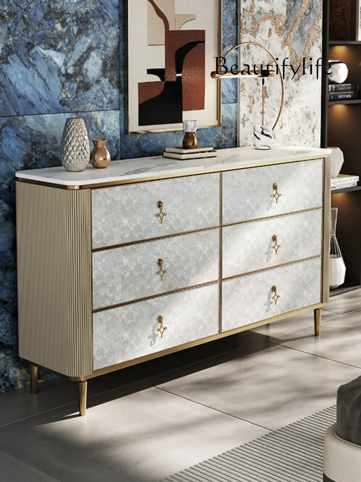 

N American Chest of Six Drawers Light Luxury Solid Wood Side Cabinet Living Room Bedroom Decoration Storage Locker Multifunction