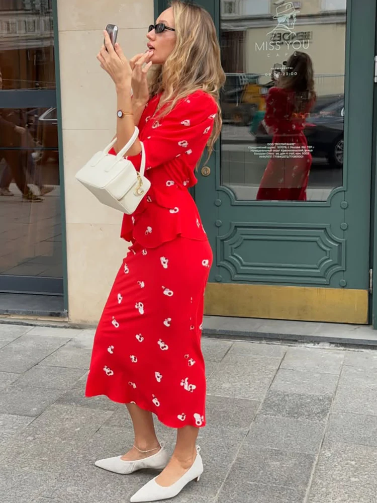 JULISSA MO Casual Print Two Piece Sets Women Skirt Suit Pink Long Sleeve Lace Up Skirt Set Female Autumn Slim Elegant Streetwear