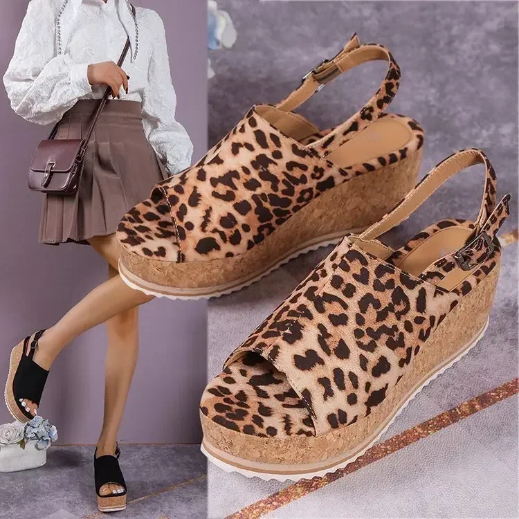 Women Leopard Sandals Wedges Shoes Women High Heels Sandals Platform Shoes Casual Wedge Heels Peep Toe Women Retro Sandals2024