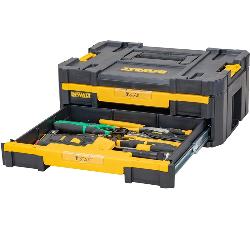 DEWALT DWST1-70706 T-STAK III Tool Storage Box Double Shallow Drawers Stackable Portable High-Capacity Hardware Accessories Tool