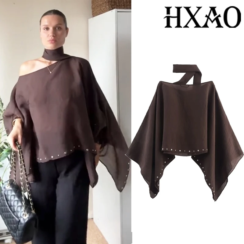 

HXAO Women's Scarf Cape Autumn Cloak Short Cape Top Studded Wide Sleeve Brown Cape Cloaks Of Woman Asymmetrical Loose Capes
