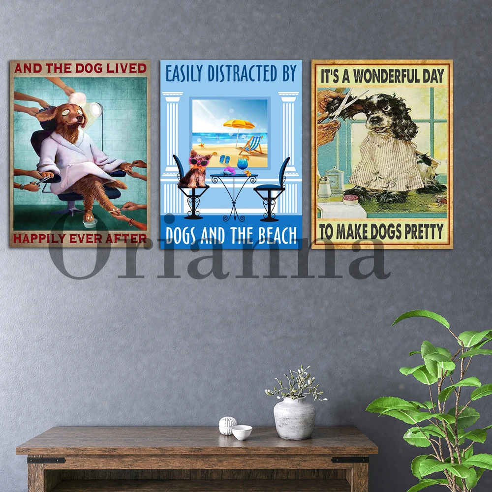 Dog Grooming Vintage Poster, Dog Grooming Spa Decor, Pet Salon Decor, And The Dog Lived Happily Ever After Beach Wall Art Print