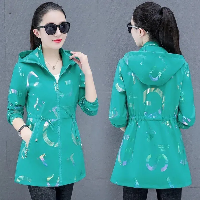 Authentic Casual Windbreaker Jacket Women's Overcoat New Spring Autumn Long Fashion Slim Lace-Up Printed Hooded Coat Tops