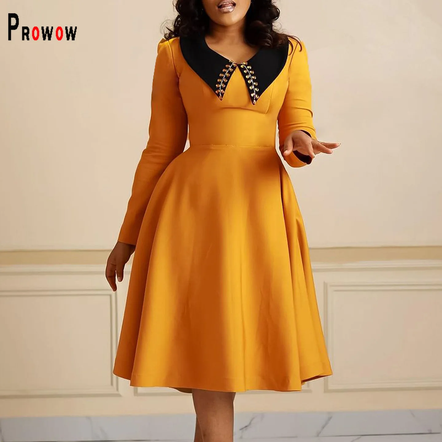 

Prowow Boutique High Waisted Women's Dress Long Sleeve A-line Slim Fit Female Clothing Solid Color Zipper Office Lady Outfits