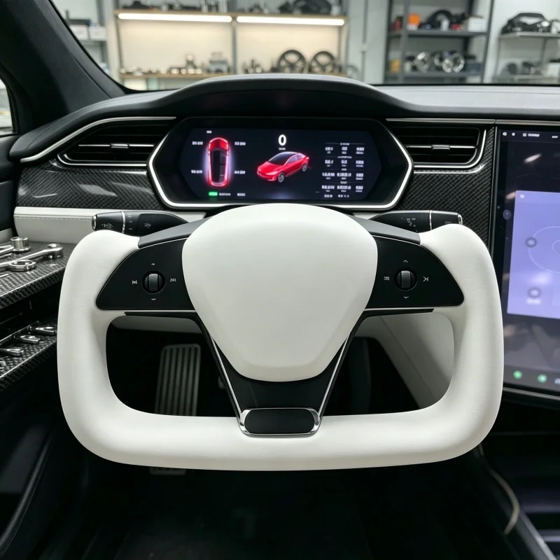 Hand Sewn White Artificial Leather Car Steering Wheel Cover Wrap For Tesla Model S Yoke Model X Braid on Steering Accessories
