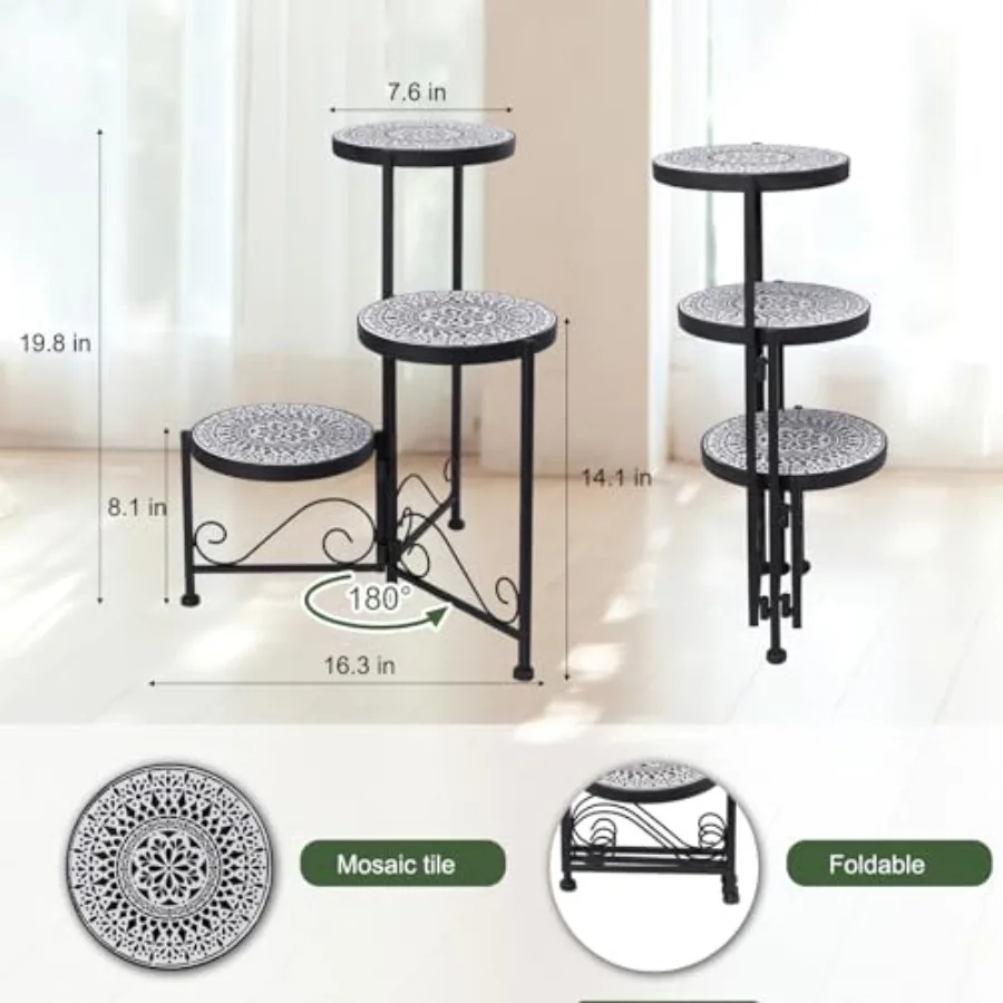 3 Tier Mosaic Plant Stand Foldable Corner Shelf for Indoor Outdoor Tall Plant Holder Display Rack for Patio Balcony Living Room image 3