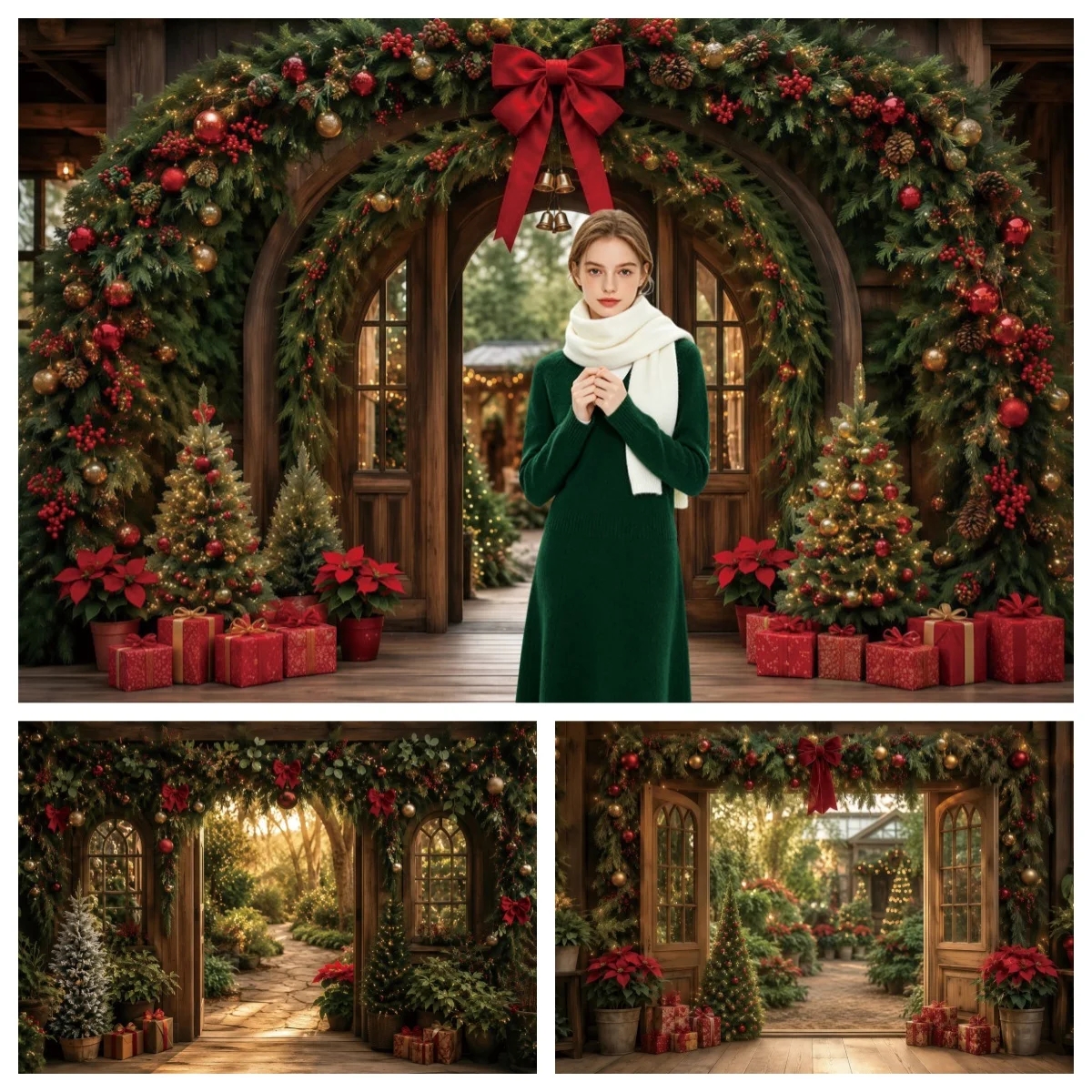 Christmas Photography Backdrop Christmas Tree Red Bow Garden Background Family Party Adult Portrait Decor Banner Photo Studio