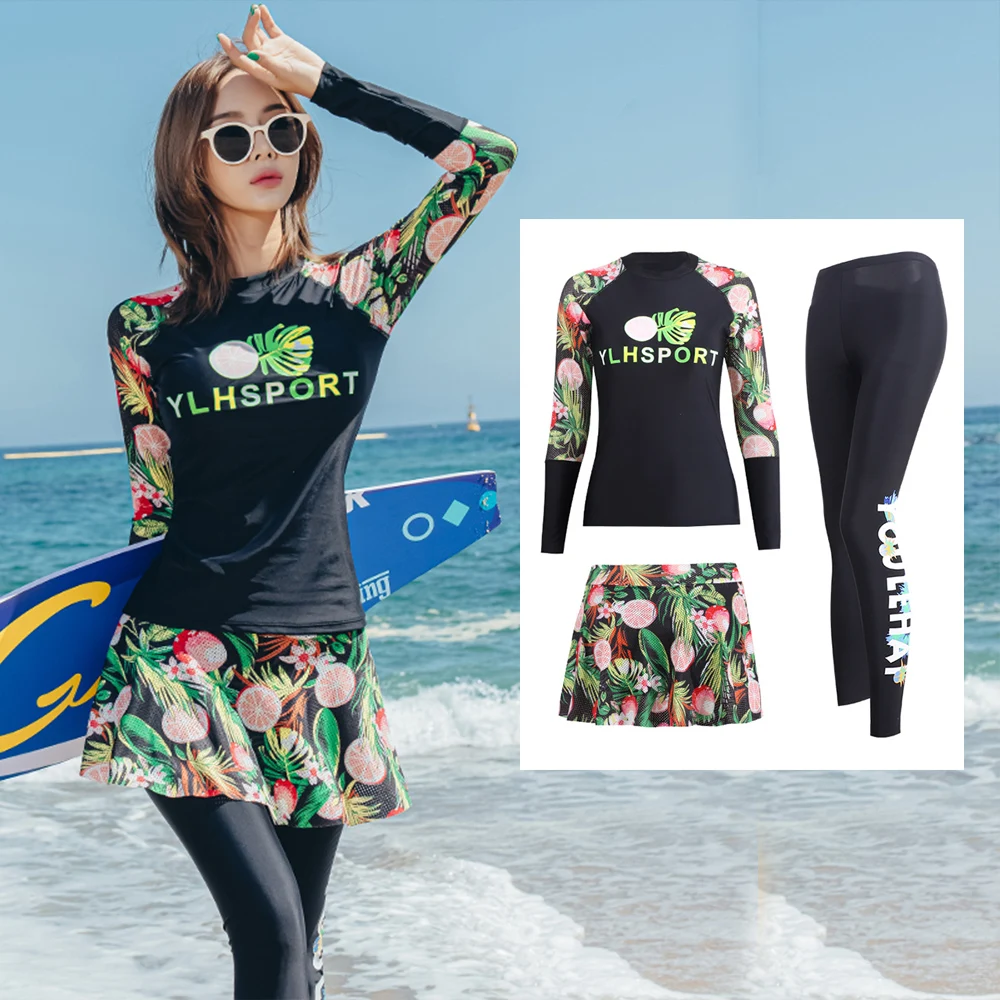 Fashion Diving Suit Long Sleeved Swimsuit Women Trousers Ladies Short Skirt Swimwear Three Piece Set Sunscreen Surfing Clothing