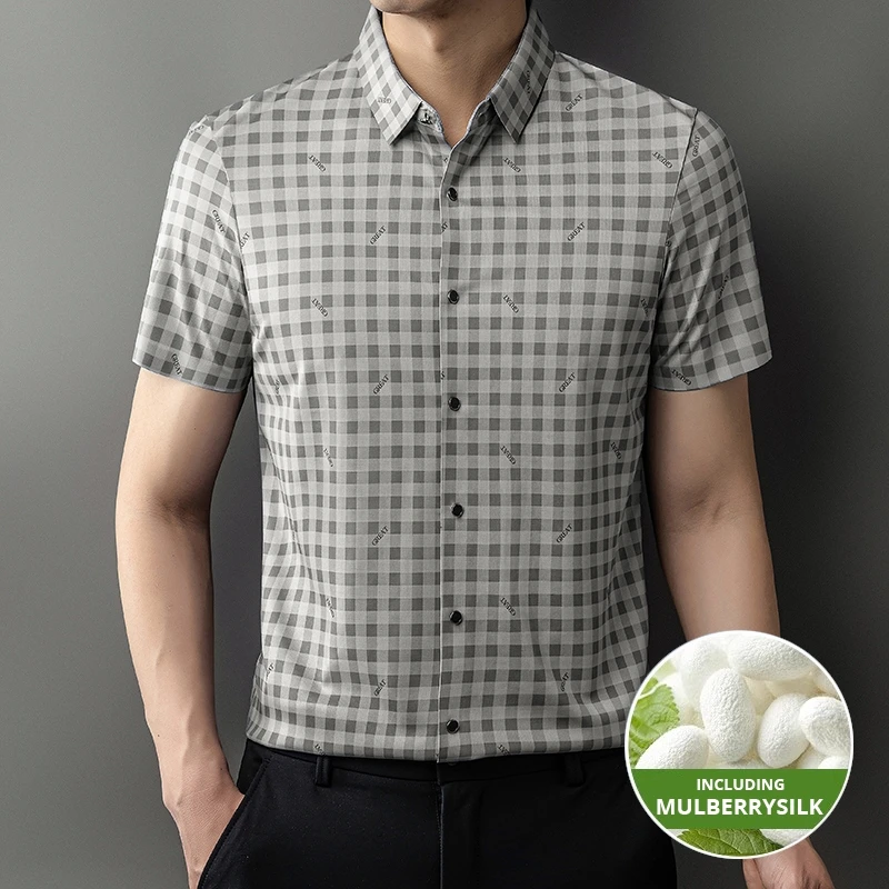 최고급 멀 베리 실크 주름 방지 새 여름 브랜드 슬림 피트 셔츠 체크 무늬 반팔 트렌디 캐주얼 패션 남성 의류