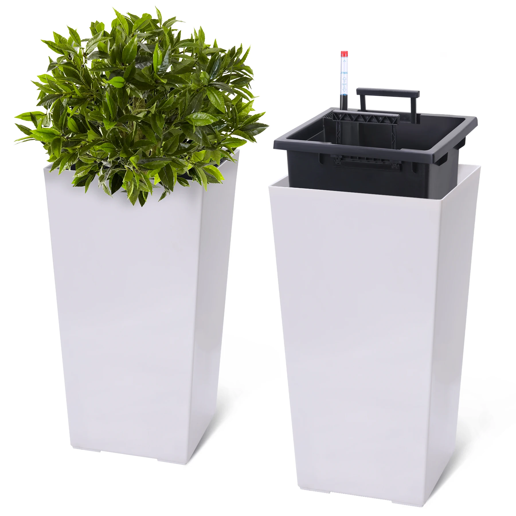 

2 Pack 16" Tall Self-Absorbing Resin Flower High Front Porch Planter Pots with Drainage Holes＆Water Level Monitor＆Inner Bucket