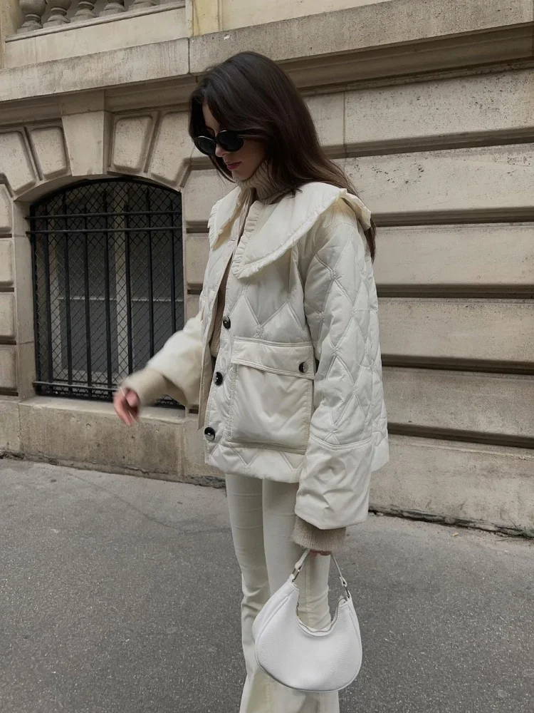 Cappotto in cotone monopetto bianco da donna elegante colletto per bambole maniche lunghe giacca trapuntata tascabile 2024 autunno inverno capispalla da donna