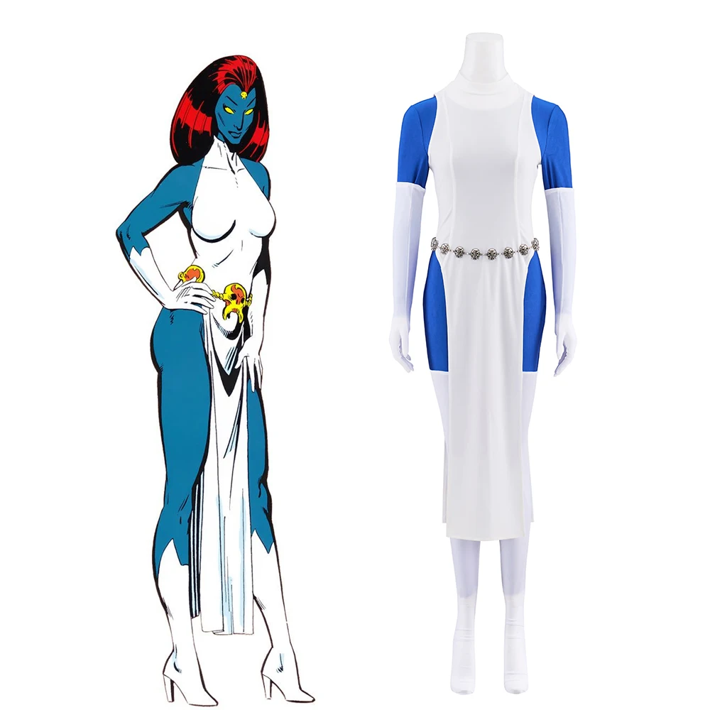 

Костюм для косплея Movie Mystique, женское белое платье с синими брюками, костюм для косплея на Хэллоуин с поясом, наряд