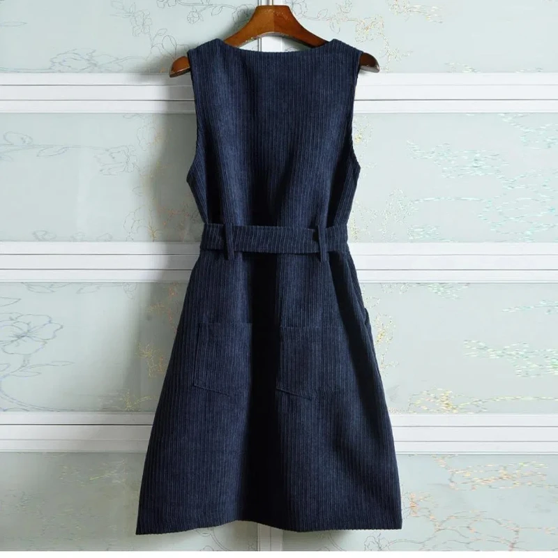 Sleeveless Corduroy Strap Skirt Autumn Winter New V Neck Solid Color All-match Vintage Mini Dress Casual Fashion Women Clothing