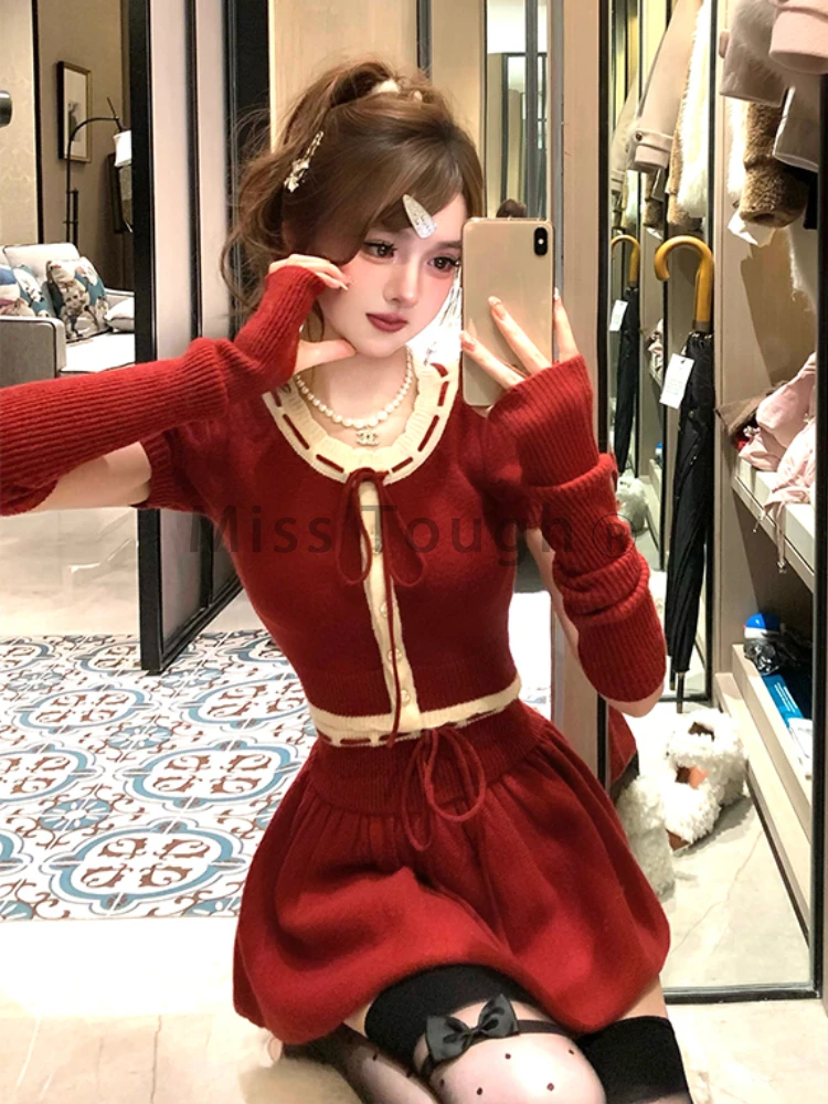 Winter Red Warm Christmas Knit Two Piece Set Women Korean Fashion Sweater Mini Skirt Suit Female O Neck Retro New Year Set 2023