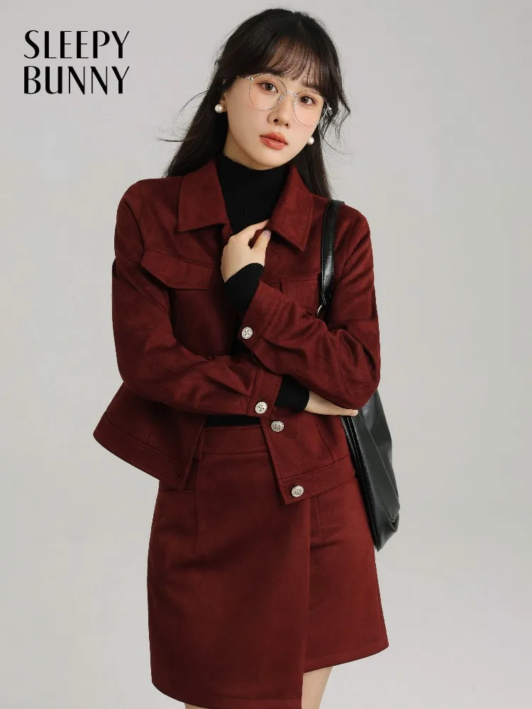 

Elegant Suede Two Piece Set Cropped Jacket and High Waist Skirt Chic Autumn Outfit for Women Slim Fit Short Coat and Mini Skirt
