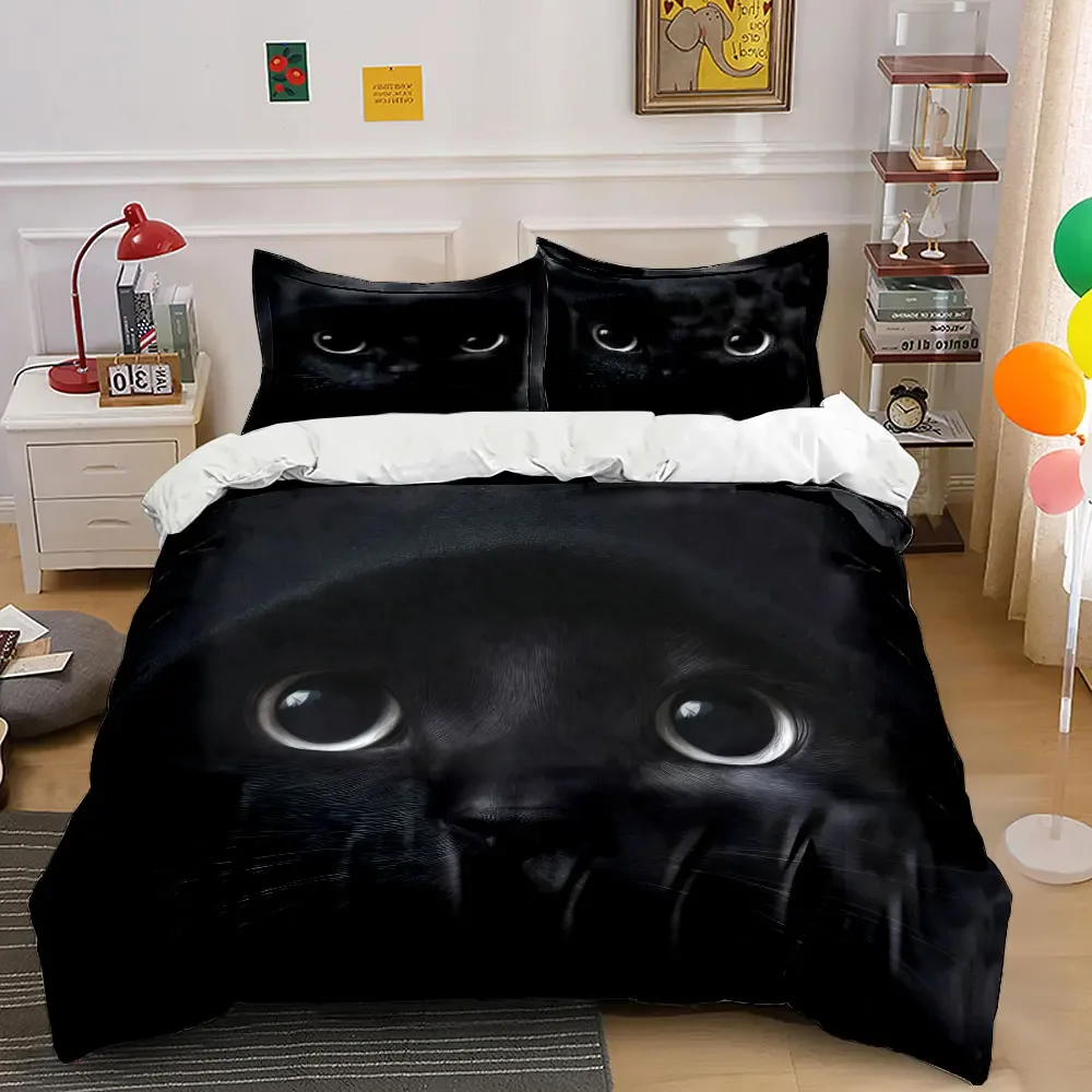 

3Pcs Mysterious Black Cat Bedding Set, Hooded Black Cat with Glowing Eyes Print Duvet Cover + 2 Pillowcases, Dark Fantasy Decor