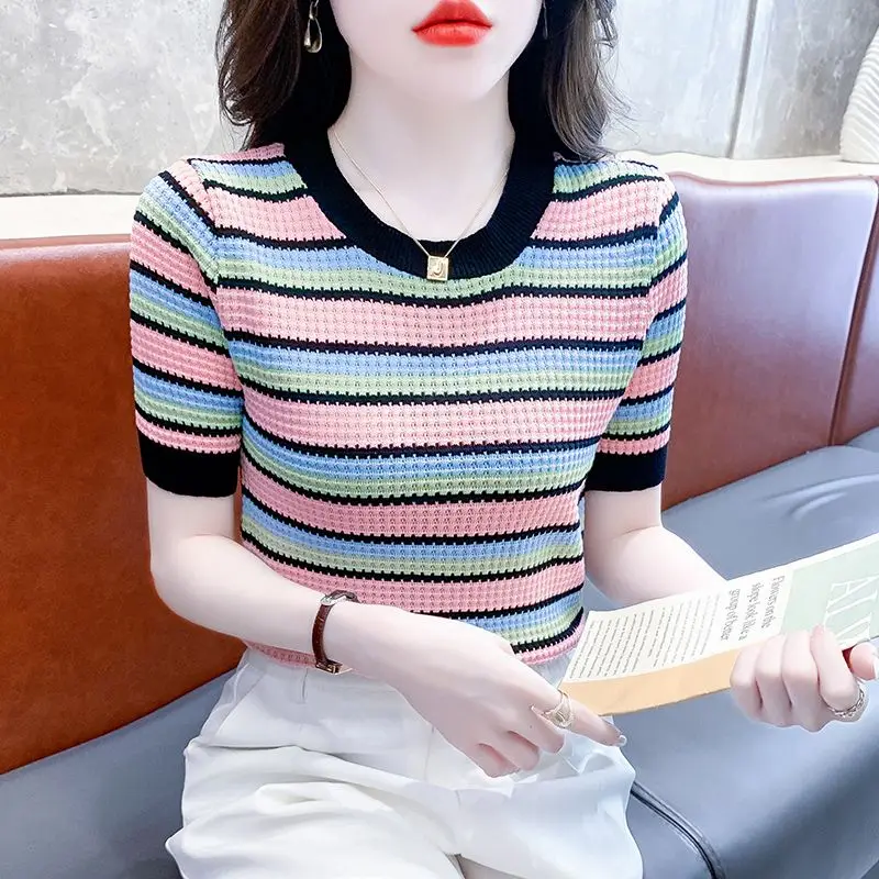 Trend Simplicity Versatile Summer T-Shirts Women O-Neck Striped Ice Silk Patchwork Fashion Casual Short Sleeve Slim Knit Tops