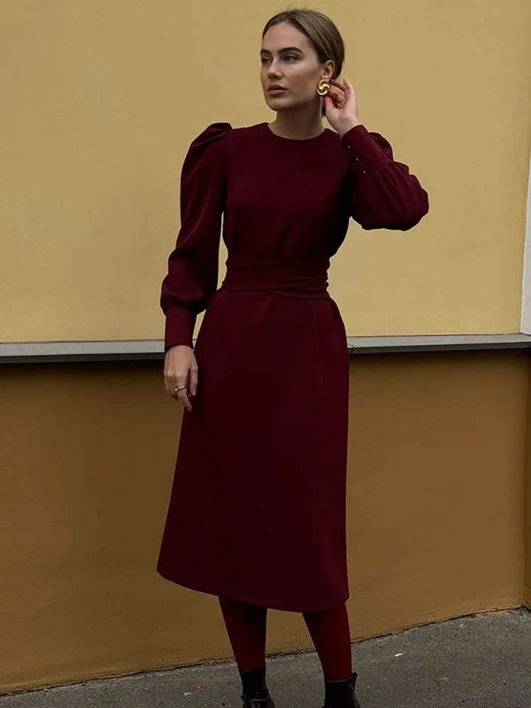 Robe Maxi Plissée Rouge Bordeaux pour Femme, Col Rond, Manches sulfBouffantes, Taille Haute, Élégante, Robes de Soirée, Festival, Mode, Automne