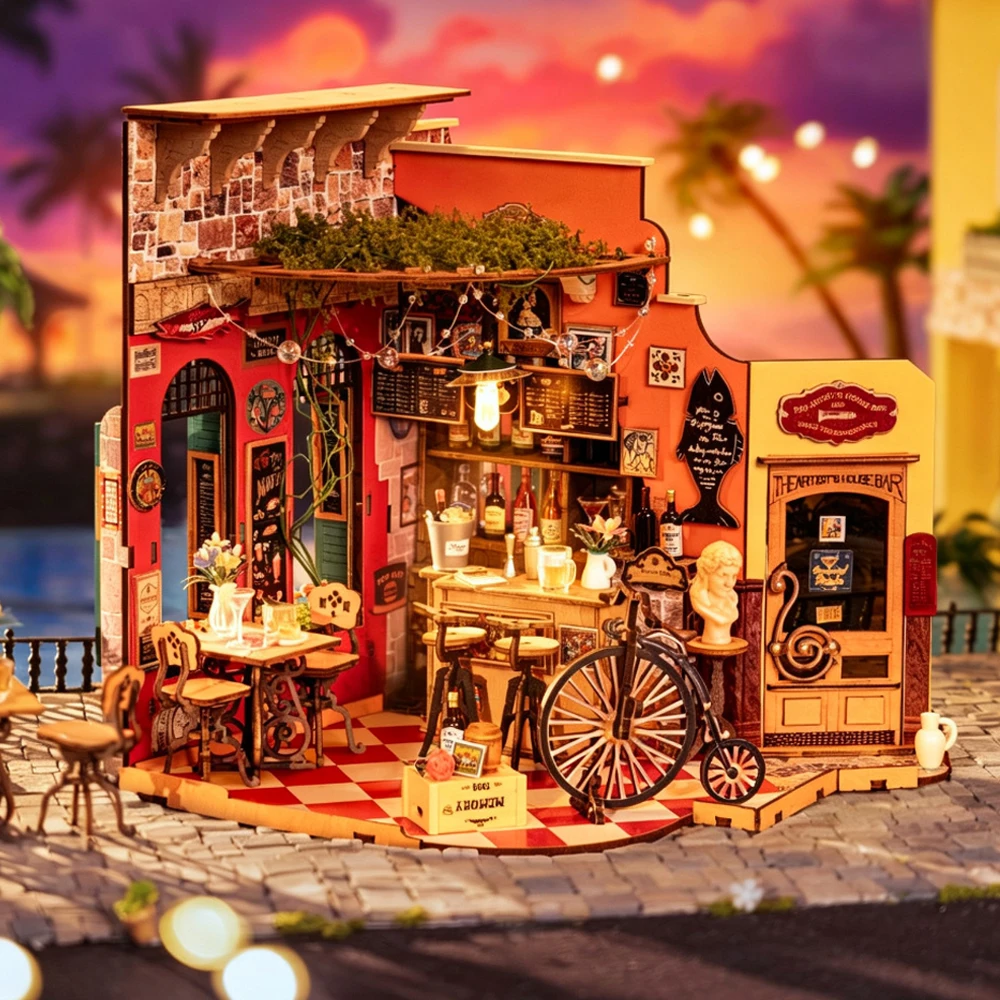 Wooden DIY Mini Bar Model Kit –Cheers Pub Building Set with LED Lights,Micro Scene Craft Toy for Home Office Decor,Birthday Gift