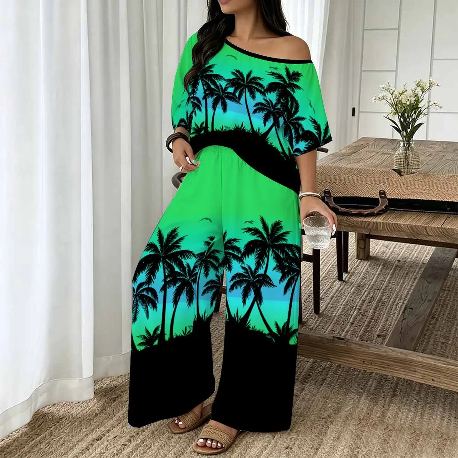Plus Size Women Casual Print Two Piece Set Round Neck Sloping Shoulders  Short Sleeved Top Clothes Beach Vacation Sweatpants