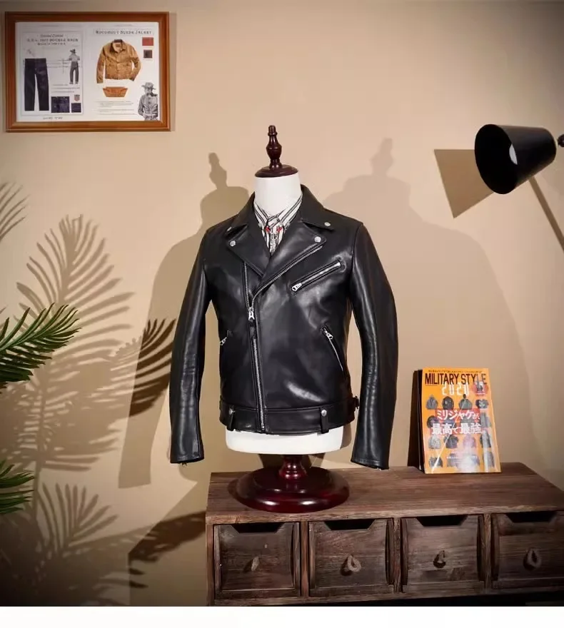 SHop Best.Rider Leather clothes Double Rider Calf Jacket for Men,Classic Vintage Cowhide Cloth, Luxury Quality Coat,