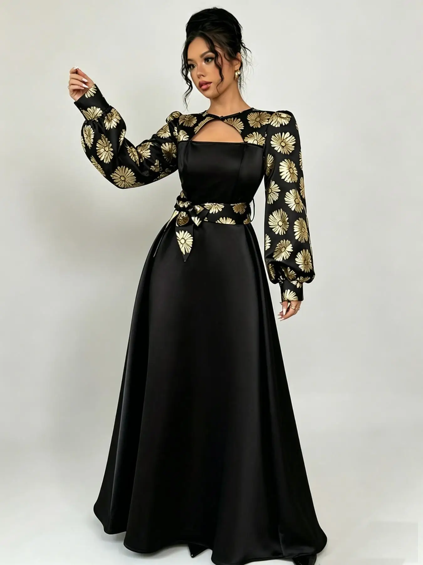 Goldenes Blumen-Abendkleid Luxuriöser Eleganter Stil mit Ausschnitt und Spitzenärmeln Glockenförmiger Satin-Körper Formelles Kleid für Festliche Anlässe – Detail 4