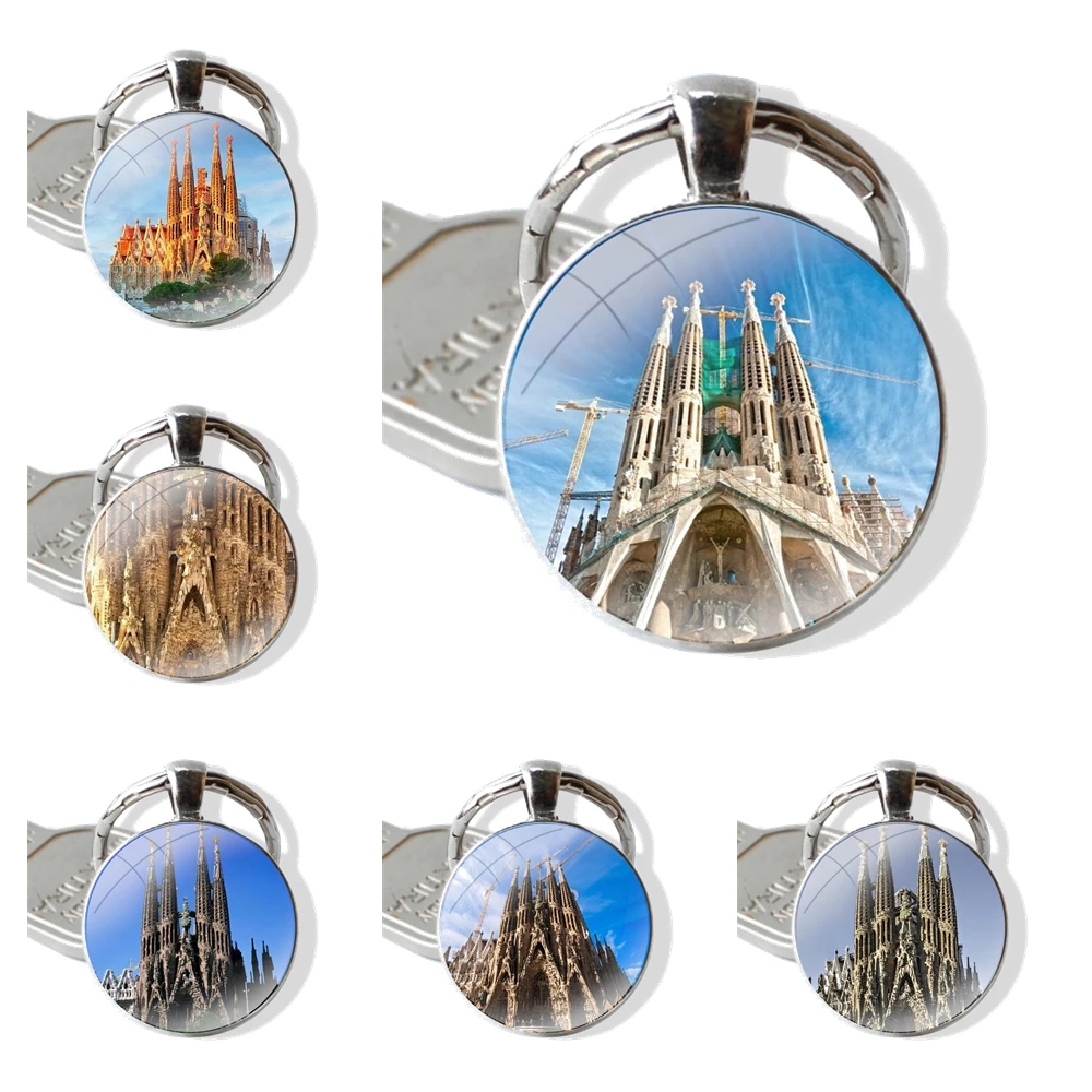 Roman Catholic Cathedral Landscape Spain Scenic Spots Keychain Handmade Glass Cabochon Key Ring Holder Pendant Key Chains