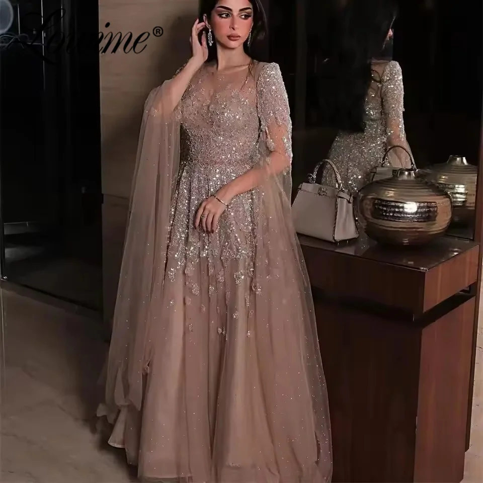

Customized Women A-line Shiny Champagne Evening Gown Sequin Beads Exquisite Prom Dress Elegant Wedding Party Dress Long Sleeves