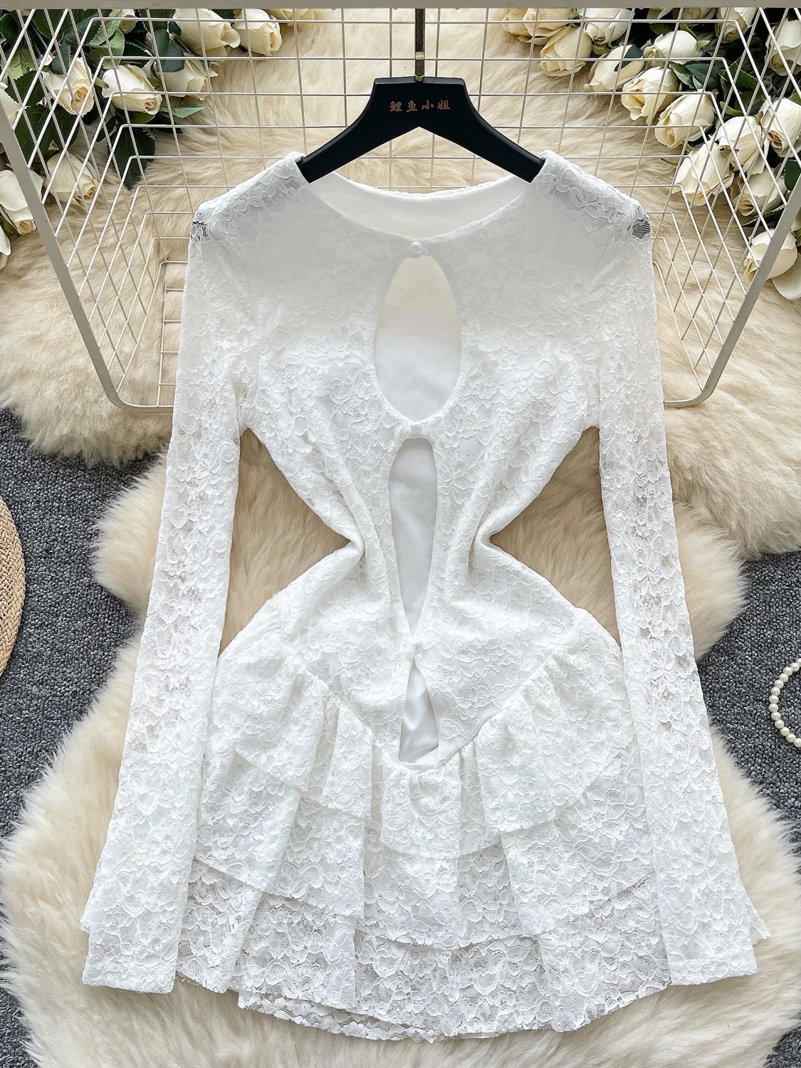 SsTss Vintage Lace Dress Damska wiosna lato długi rękaw wycięcie dekolt wąska talia marszczony brzeg linia A biała sukienka Boho Chic