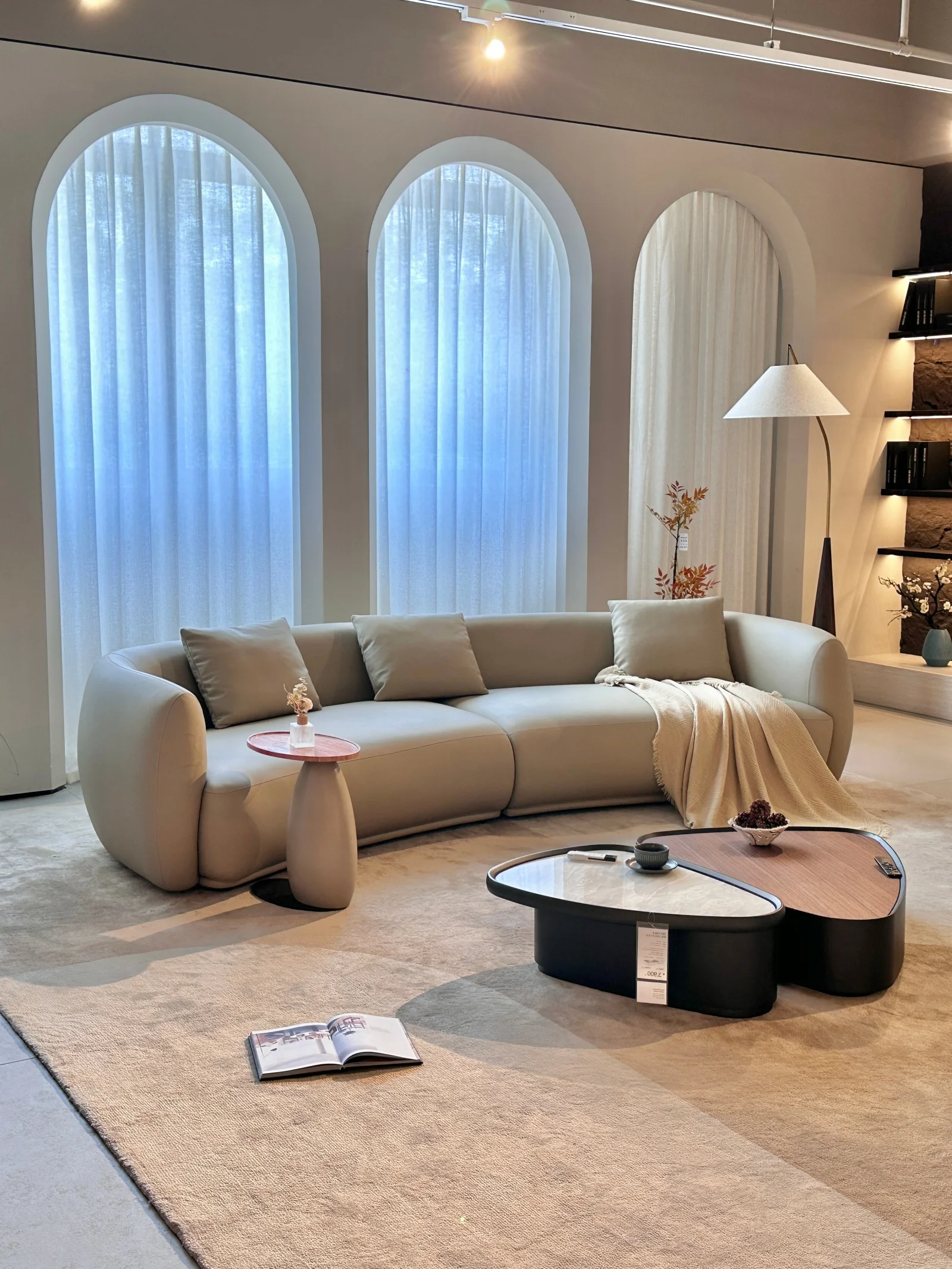 Camel Cowhide Leather Curved Sofa Round Drum Arms Deep Seat Floor Style Modular Couch For Living Room Villa Apartment Home