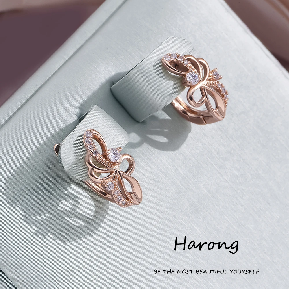 Harong Gold Color Copper Metal Flower Stud Earrings Crystal Shiny Quality Anti-oxidant Earrings For Woman Girl Jewelry Gifts