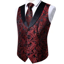 Luxury Silk Gold Black Paisley Floral Vest Brand Men Vest Set Tie Cufflinks Handkerchief Suit Male Sleeveless Waistcoat Wedding