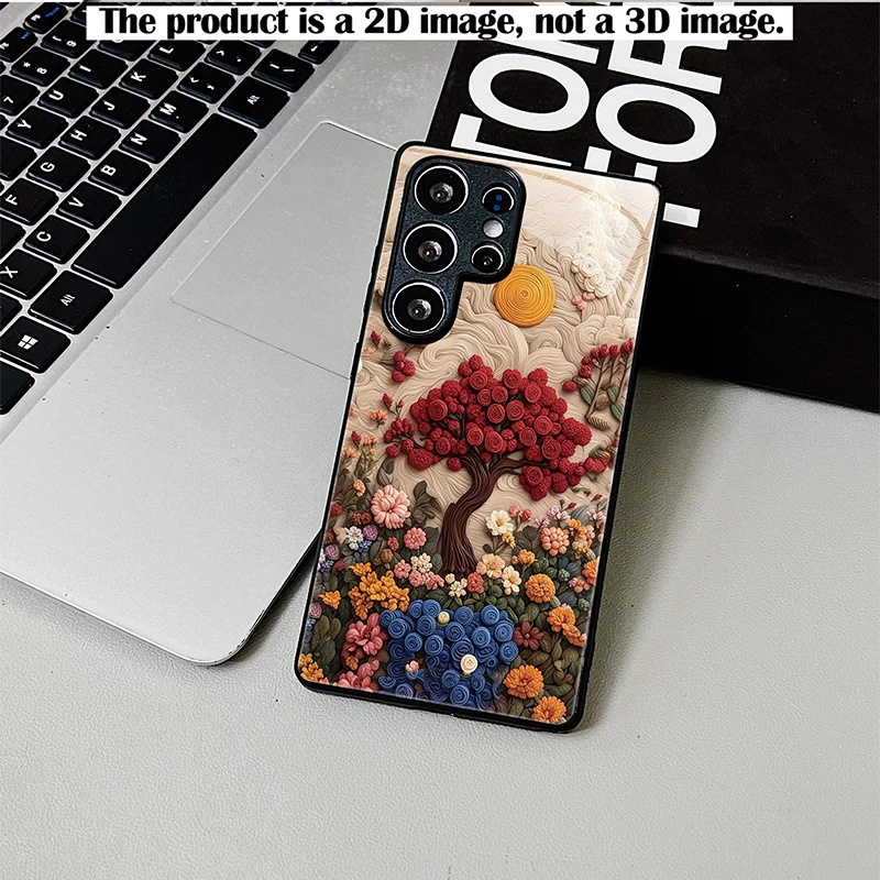 2D Printed Black Glass Phone Case, Velvet Flowers Spring Scenery, Shockproof Cover for Samsung S & A Series