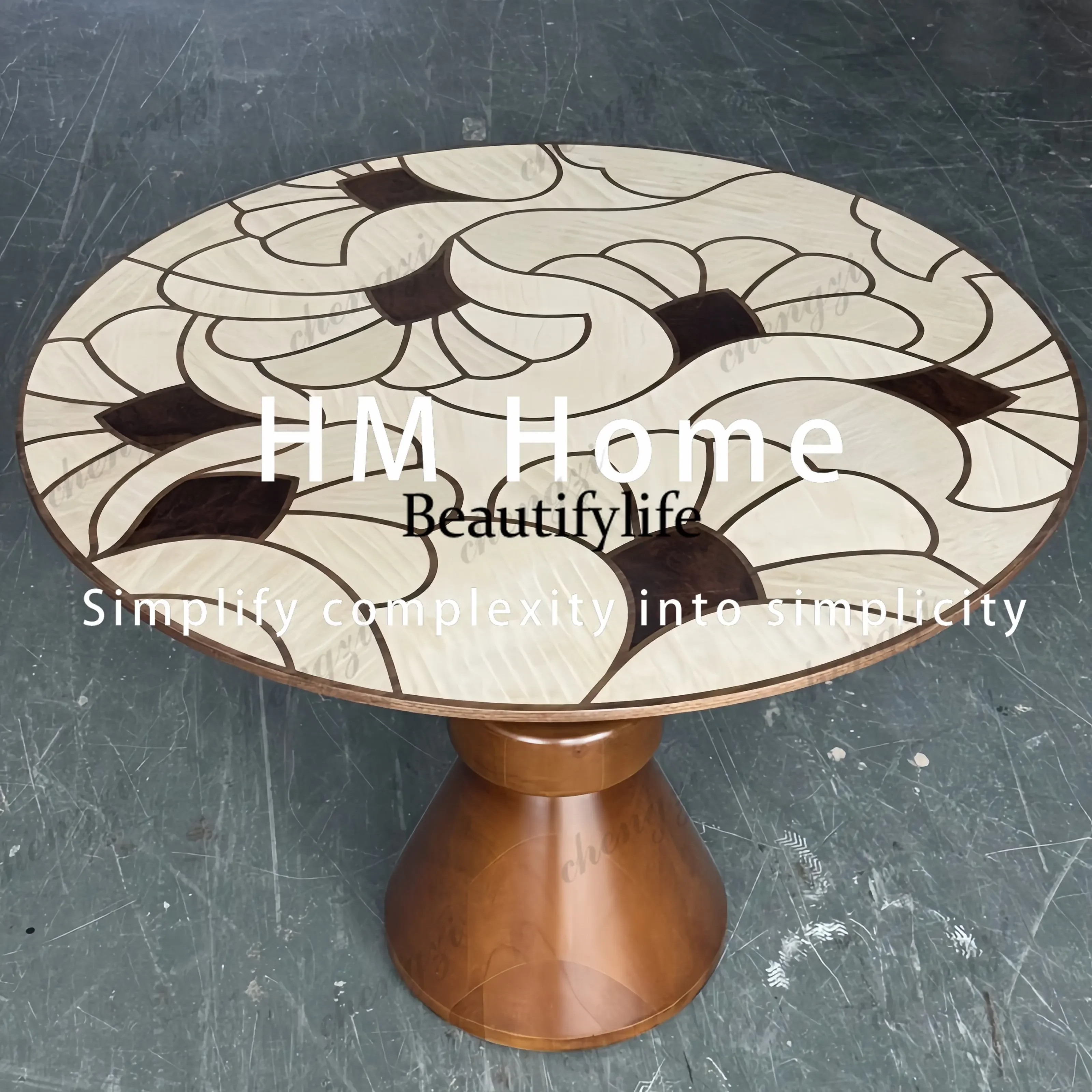 A68Medieval solid wood, round table modern simple flower pattern household, dining table wooden desktop