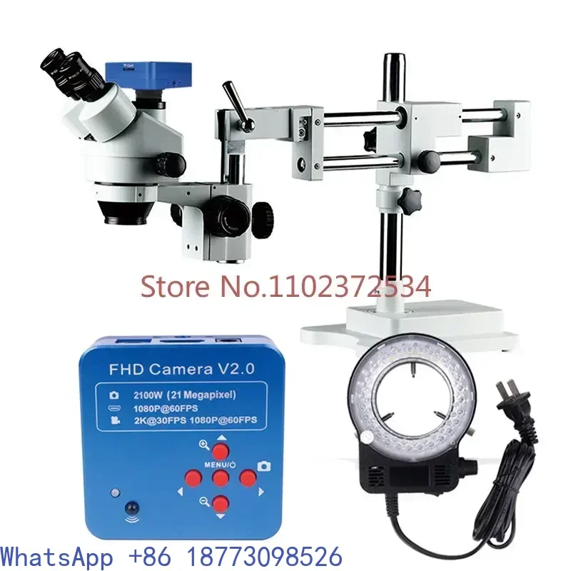

7-45X Zooming Microscopio 21MPs USB Outputs Digital Camera Davit Arm Double Boom Stand Trinocular Stereo Microscope