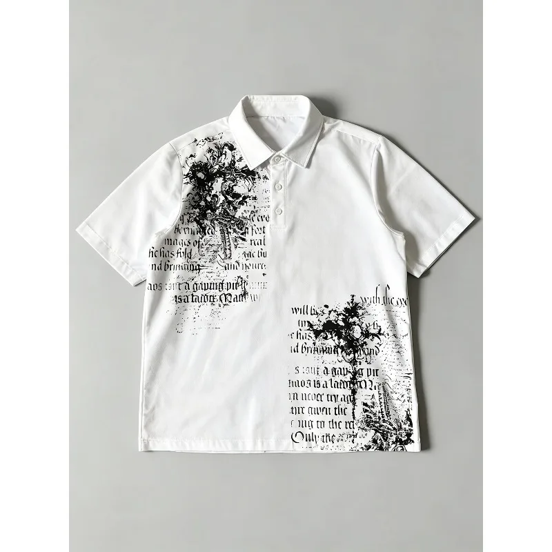 Retro English Fragment Print, Mottled Retro Polo Shirt Casual Top Breathable Button Neck T-shirt