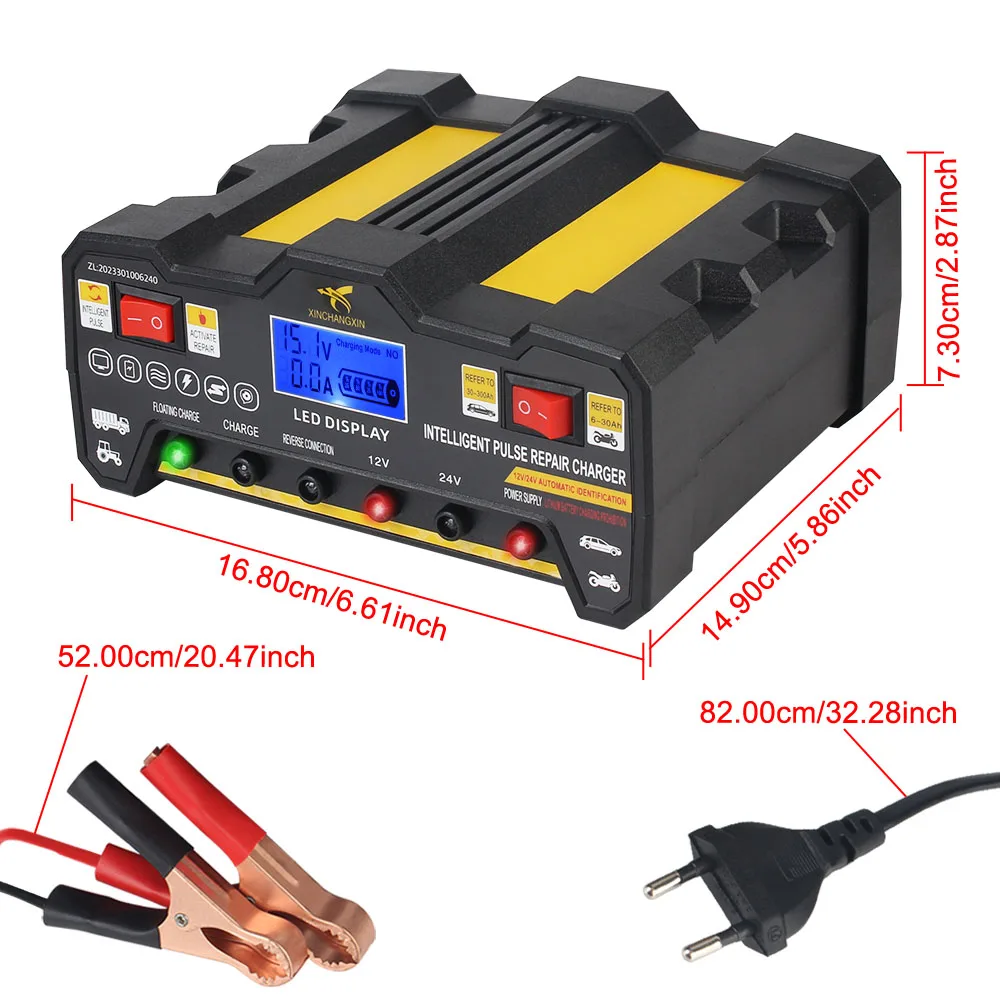 EU Plug Full Automatic Car Battery Charger LCD Display Intelligent Pulse Repair Battery Charger 220W For Wet Dry Lead Acid 300AH