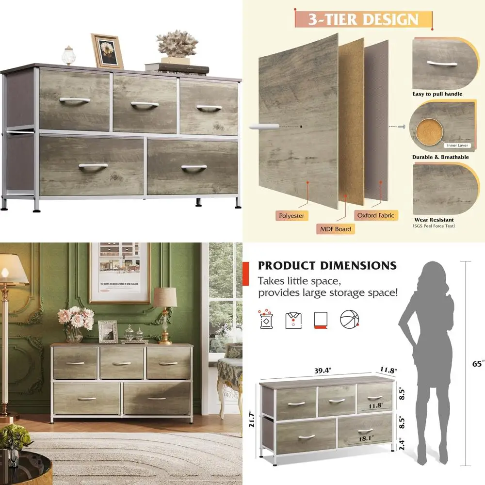 

Комод для спальни с 5 тканевыми ящиками, органайзером для хранения и отделкой из дуба Greige