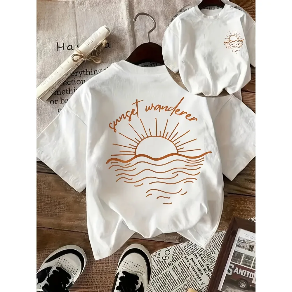 Summer Women Men T-shirt Loose Comfortable Soft Skin Friendly Breathable Outdoor Sports Versatile Sunset Walker Letter Top