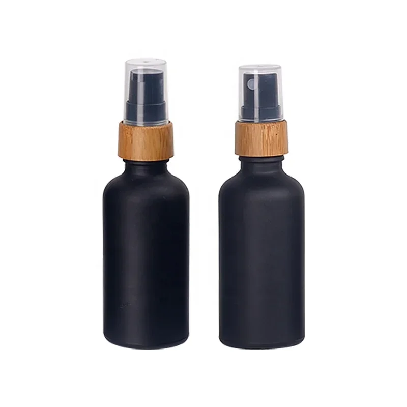 100pcs 50 ml matte black glass bottle cosmetic spray bottle serum bottle black glass with 18/410 bamboo spray pump for skin care