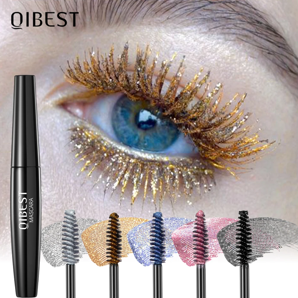 QIBEST Shiny Diamond Colorful Mascara Blue Glitter Sparkling Waterproof Mascara Eyelashes Extension Quick Dry Shimmer Eye Makeup