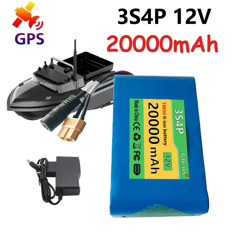 Batterie BMS intégrée 12V 3S4P 20ah, rechargeable au lithium-ion 18650, appât de pêche, accessoires de bateau HJ817 V080