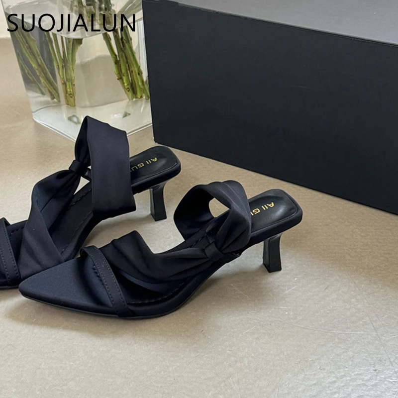 SUOJIALUN Summer New Brand Women Slipper Fashion Narrow Band Ladies Elegant Dress Slides Thin High Heel Outdoor Dress Pumps