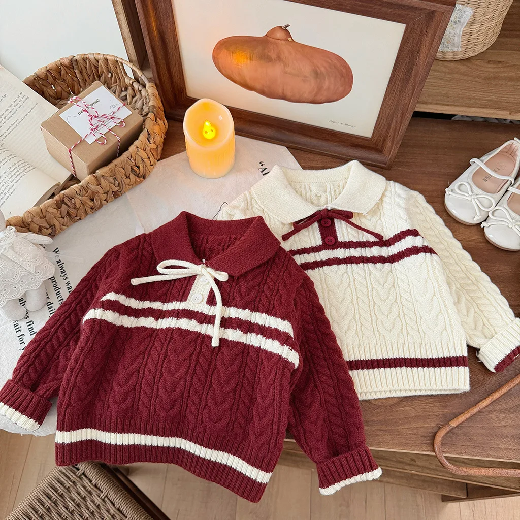 Baby Girls' Autumn Winter Sweater School Style Top Lapel Striped Sweater Cardigan Thickened Fried Dough Twists Knitting Coat