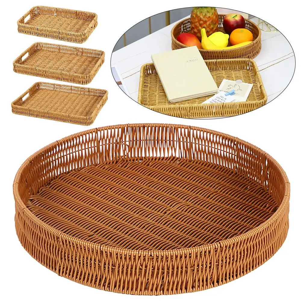 1Pcs Breakfast Bread Food Handwoven Rattan Basket Round Rectangular Shape Fruit Vegetable Cake Wicker Storage Tray Food Plate