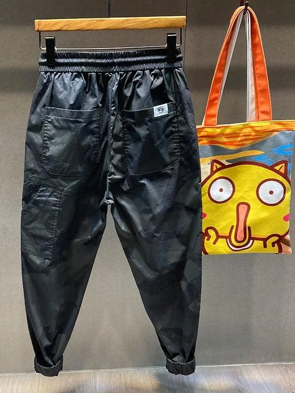 

Легкие летние брюки из ледяного шелка с камуфляжным принтом для мужчин, быстросохнущие повседневные брюки свободного кроя с молодежным принтом и деталями с рисунком