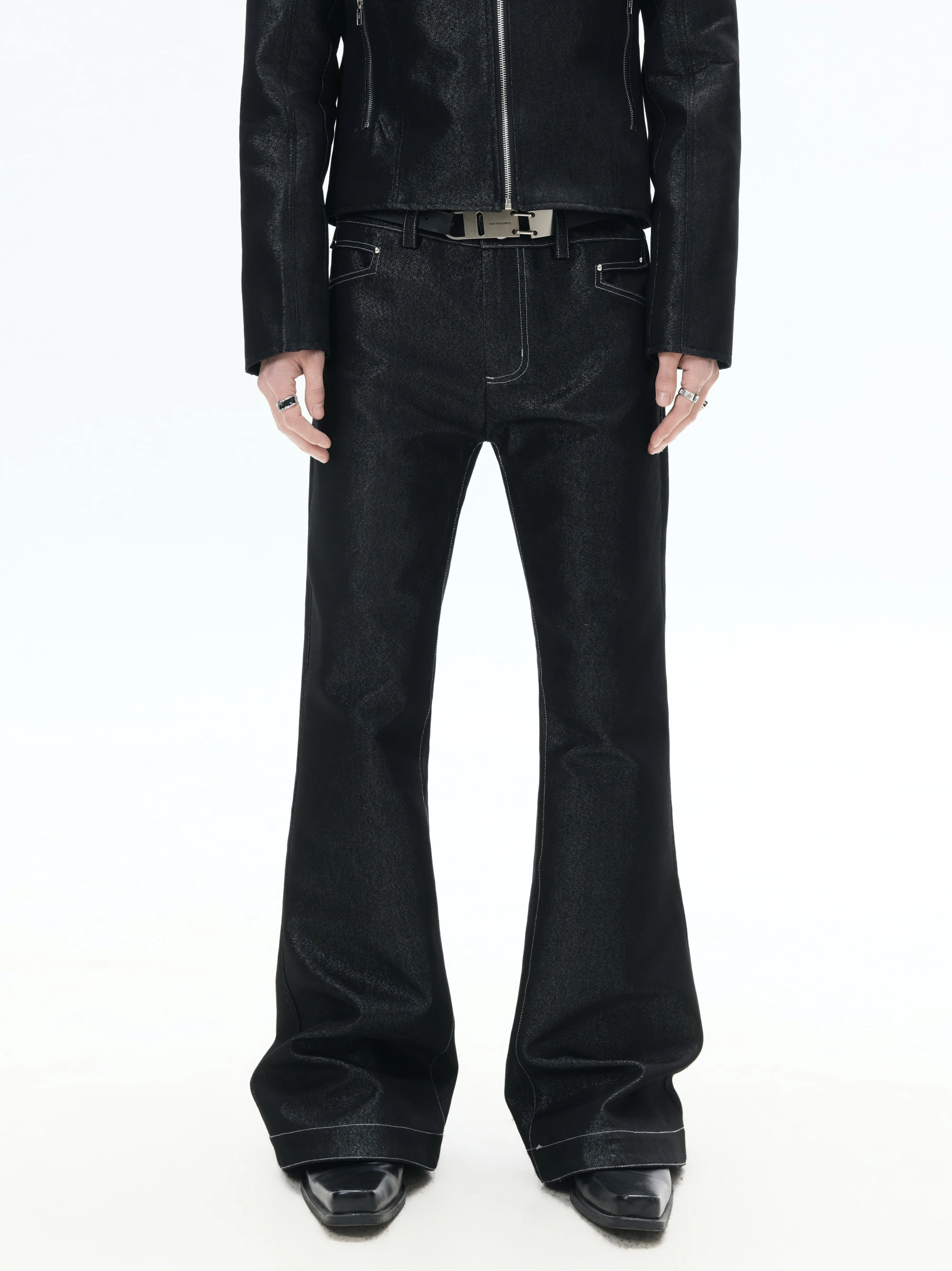 Silver Thread Shiny Night Jeans Rivet Embroidery mid Waist Flared Casual Cotton Polyester Blend Spring Season Breathable Skin...