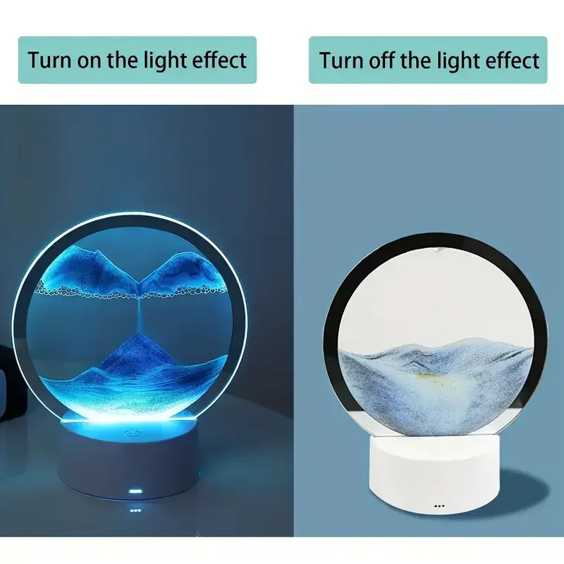 3D ไดนามิกนาฬิกาทรายไฟกลางคืน - USB-Powered Tabletop Lamp สีฟ้า/แก้วนวนิยายโคมไฟตั้งโต๊ะสำหรับห้องนั่งเล่นสำนักงานห้องนอน